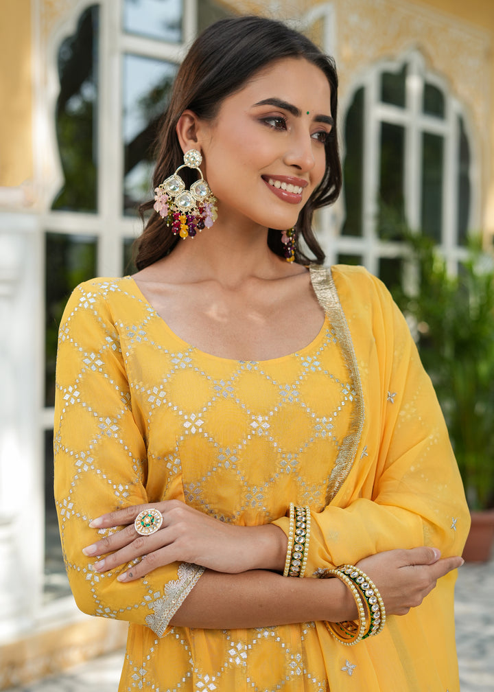 Aradhya Yellow Jacquard Anarkali Suit set with Dupatta