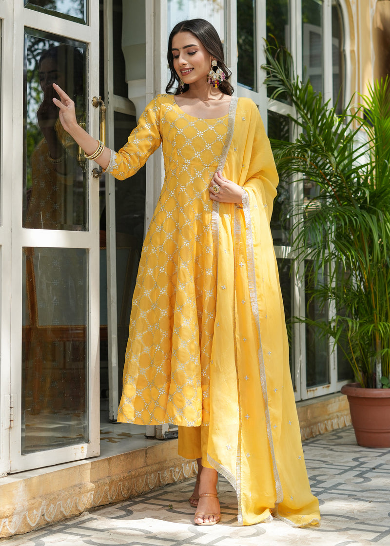 Aradhya Yellow Jacquard Anarkali Suit set with Dupatta