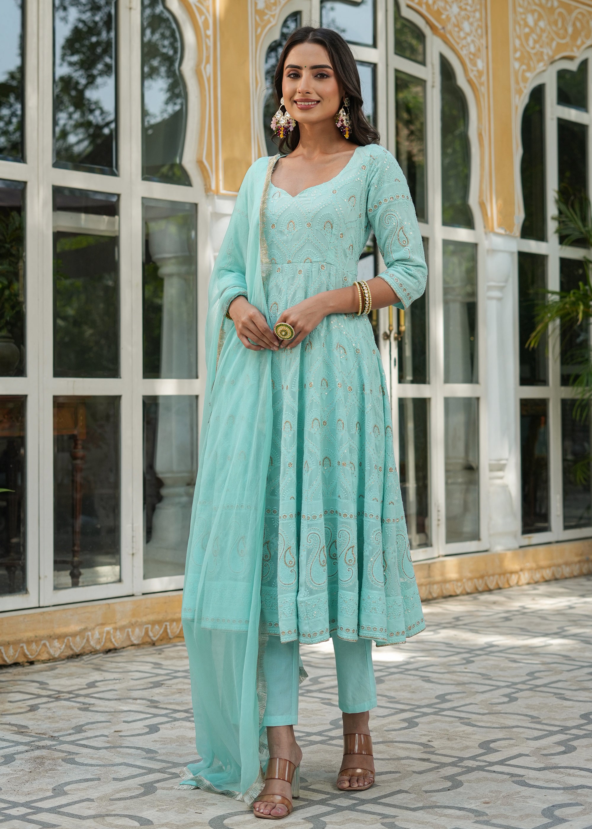 Dilnaaz Turquoise Chikankari Anarkali Suit set with Dupatta – EverBloom