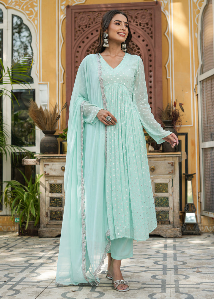 Arvi Sea Green Lurex Flared Kurta With Pant & Dupatta