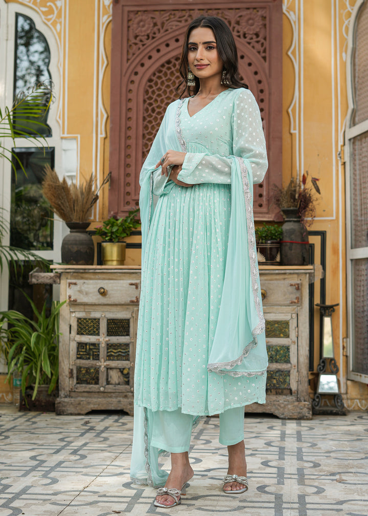 Arvi Sea Green Lurex Flared Kurta With Pant & Dupatta