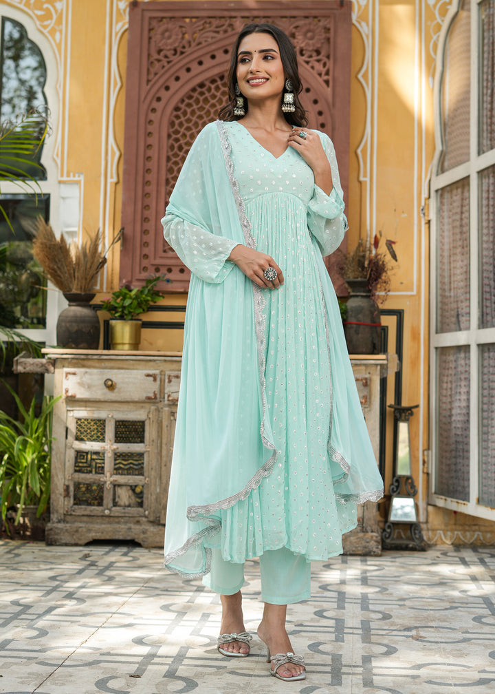 Arvi Sea Green Lurex Flared Kurta With Pant & Dupatta