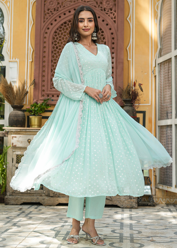 Arvi Sea Green Lurex Flared Kurta With Pant & Dupatta