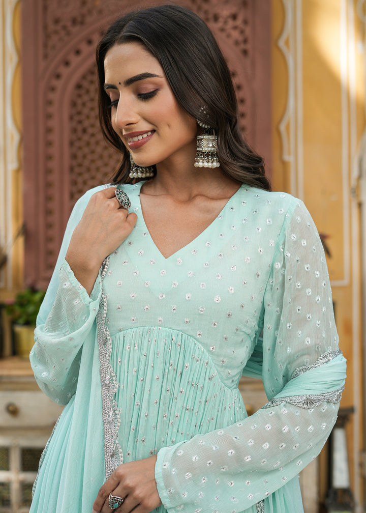 Arvi Sea Green Lurex Flared Kurta With Pant & Dupatta