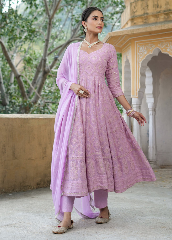 Asmee Lavender Chikankari Anarkali Suit set with Dupatta