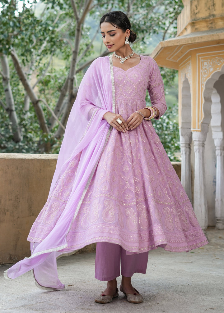 Asmee Lavender Chikankari Anarkali Suit set with Dupatta