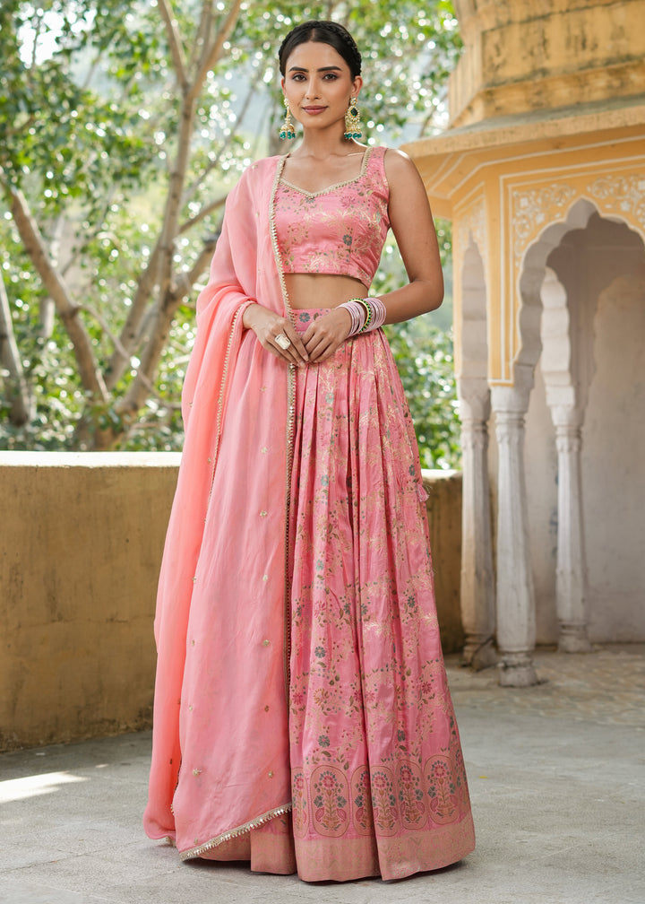 Adwita Pink Silk Jacquard Printed Lehenga set