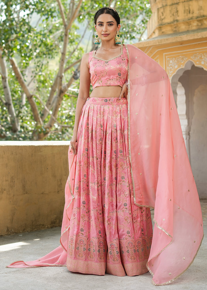 Adwita Pink Silk Jacquard Printed Lehenga set