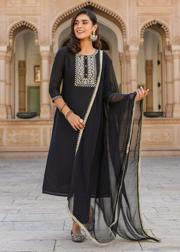 Rutvi Black Embroidered Straight Suit set with Dupatta