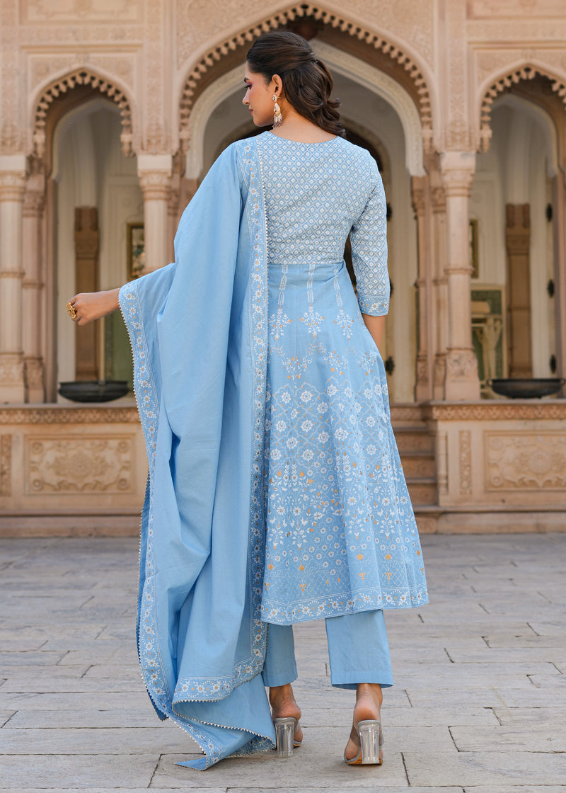 Lipika Powder Blue Printed Anarkali Suit set with Dupatta
