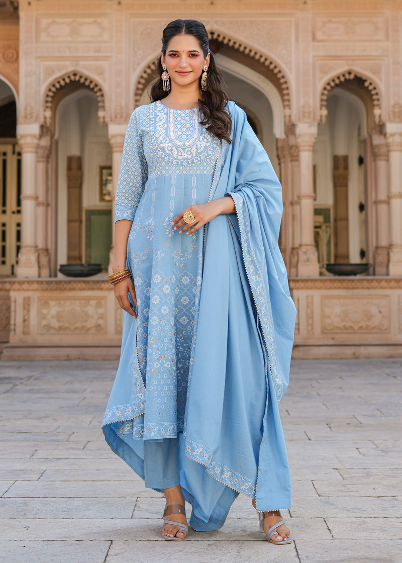 Sky Blue Anarkali Gown with Pure Print and Handwork – Khushkar