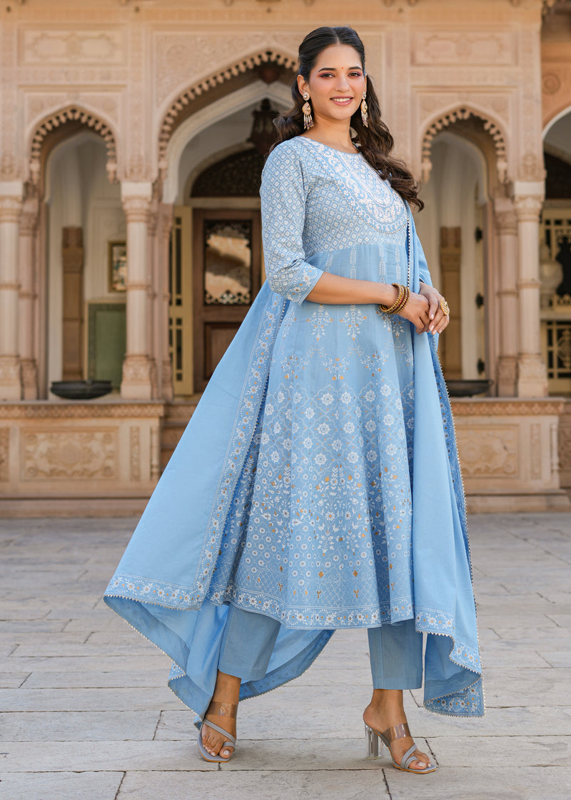 Lipika Powder Blue Printed Anarkali Suit set with Dupatta