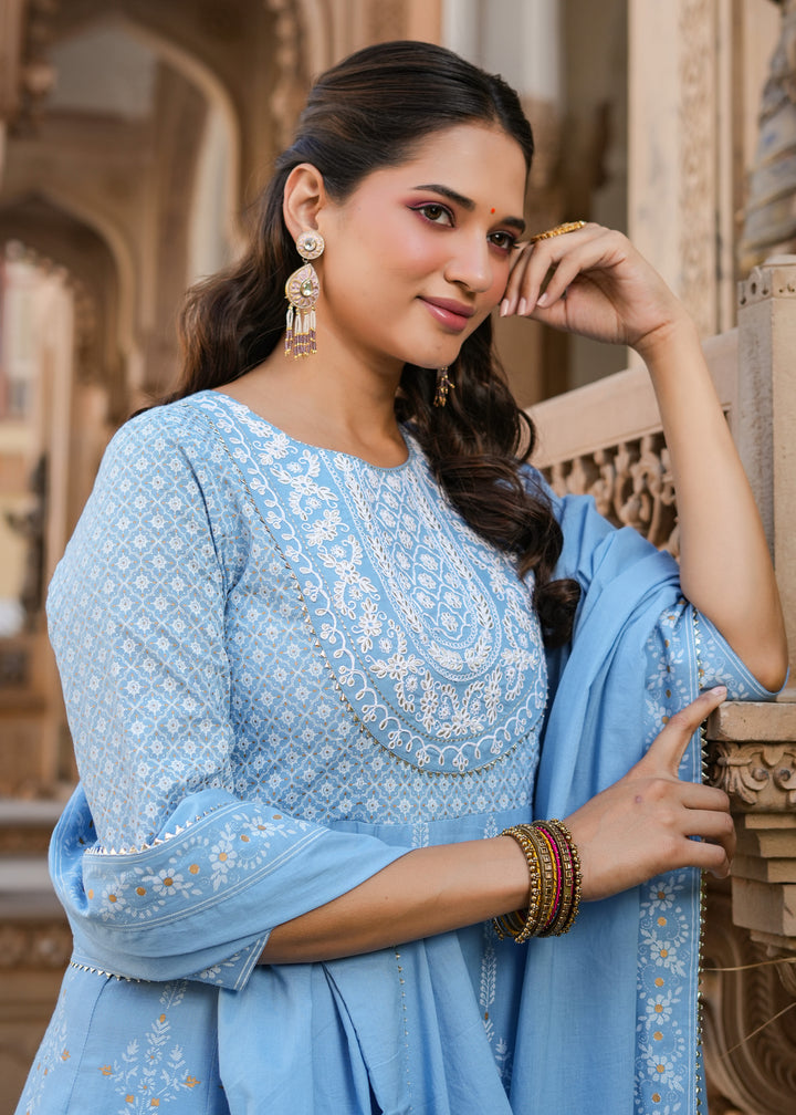 Lipika Powder Blue Printed Anarkali Suit set with Dupatta