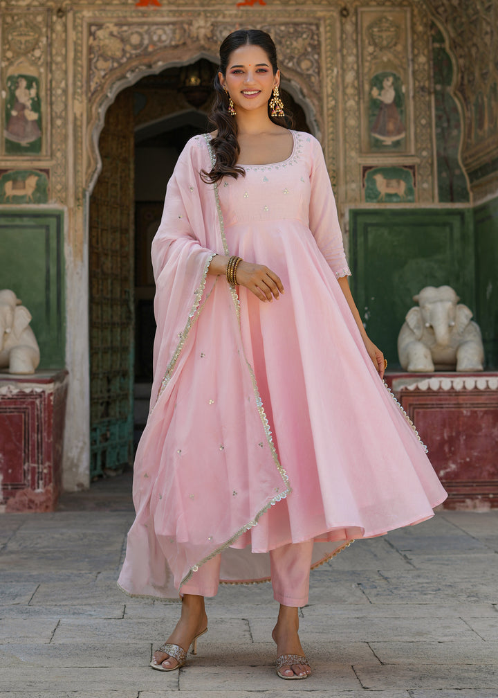 Swasti Light Pink Embroidered Chanderi Suit set with Dupatta