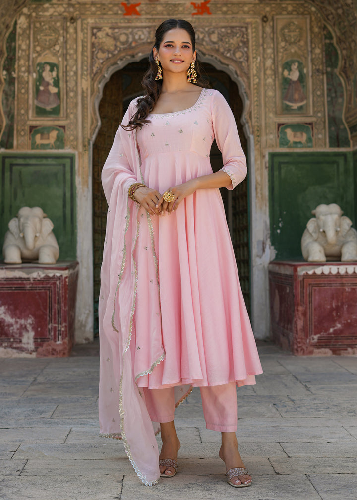 Swasti Light Pink Embroidered Chanderi Suit set with Dupatta