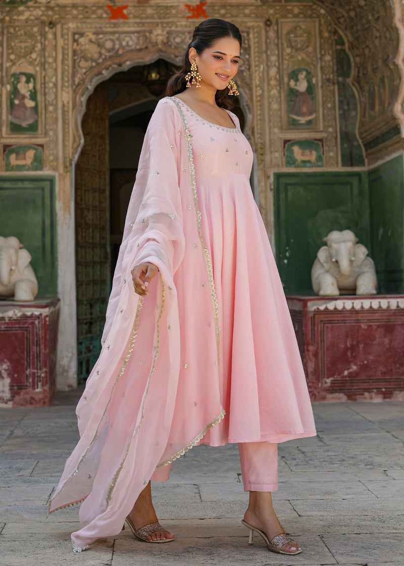 Swasti Light Pink Embroidered Chanderi Suit set with Dupatta