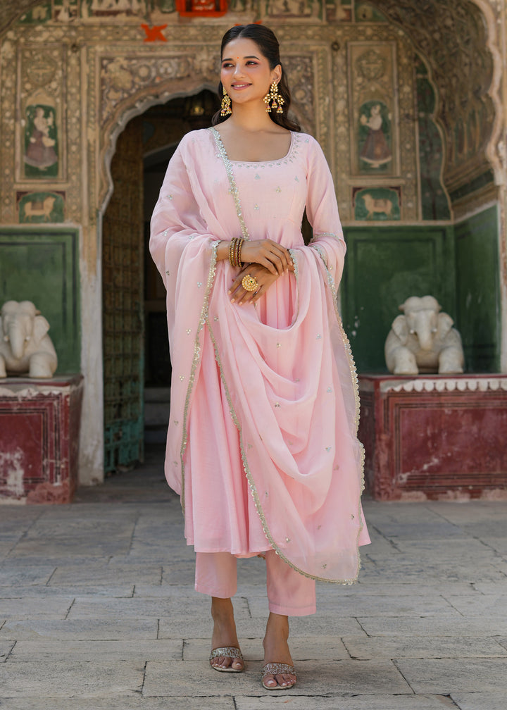 Swasti Light Pink Embroidered Chanderi Suit set with Dupatta