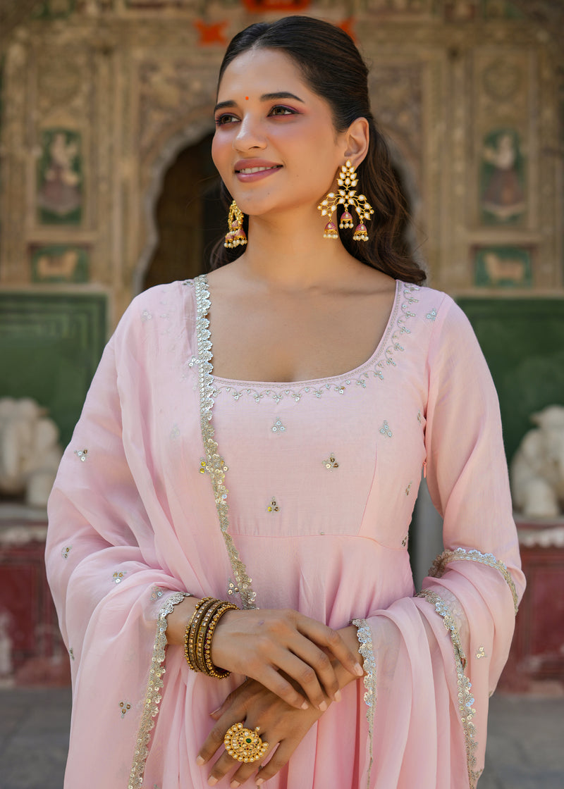 Swasti Light Pink Embroidered Chanderi Suit set with Dupatta
