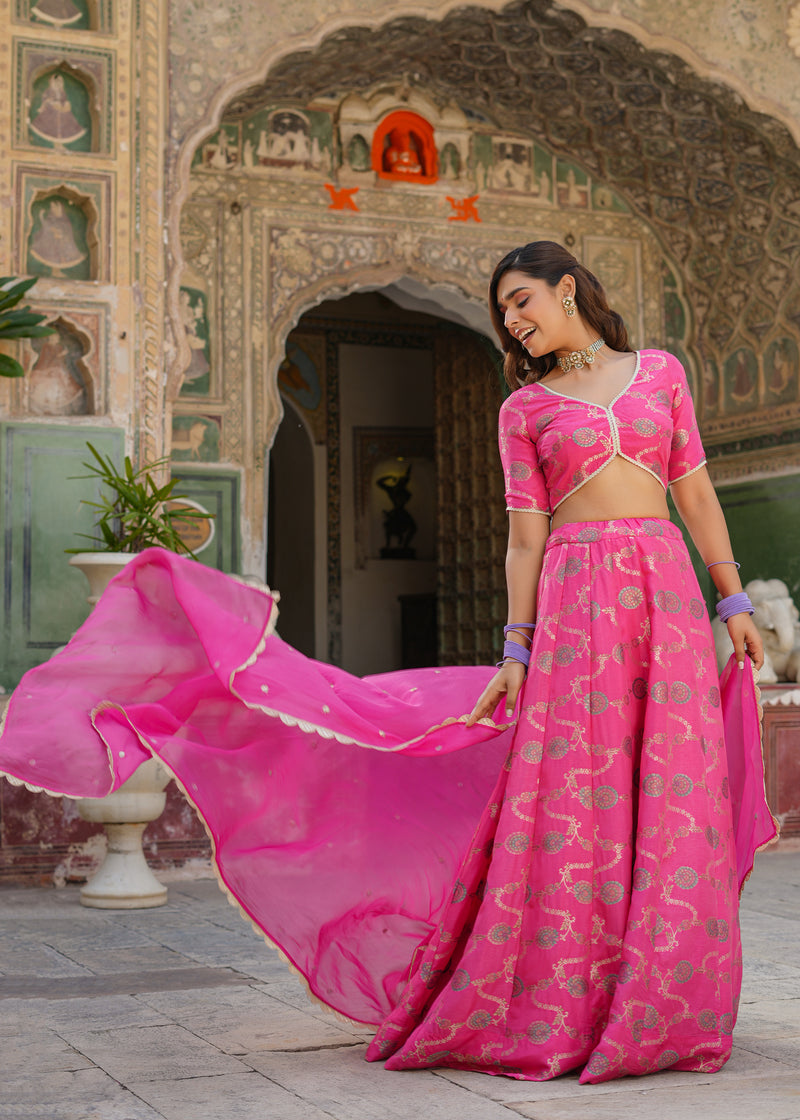 Shubhra Pink Silk Jacquard Printed Lehenga set