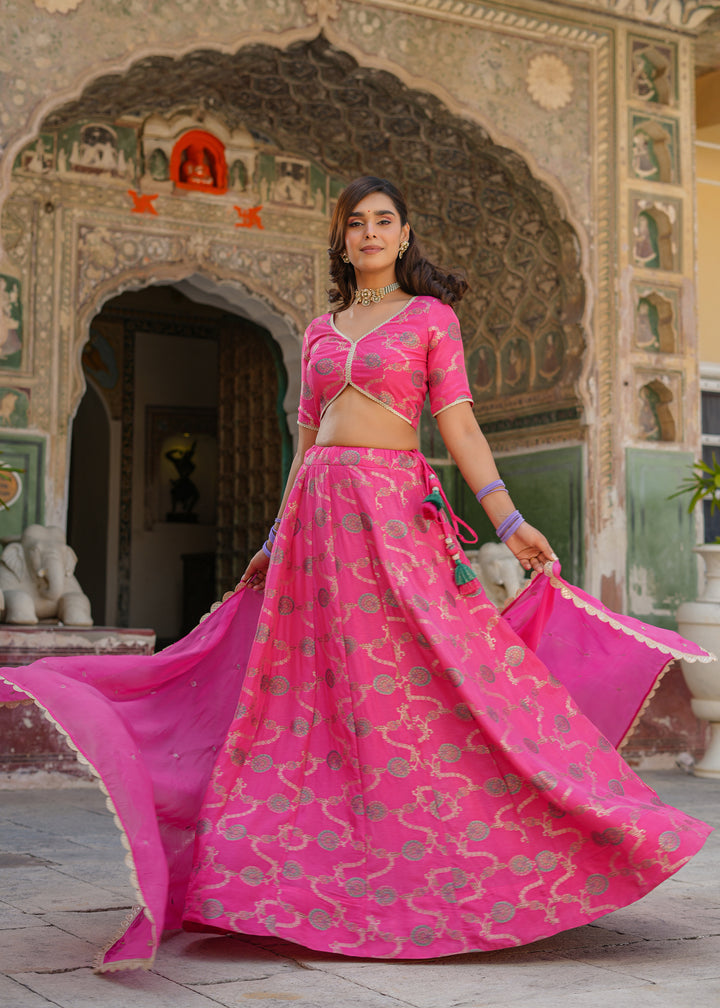 Shubhra Pink Silk Jacquard Printed Lehenga set