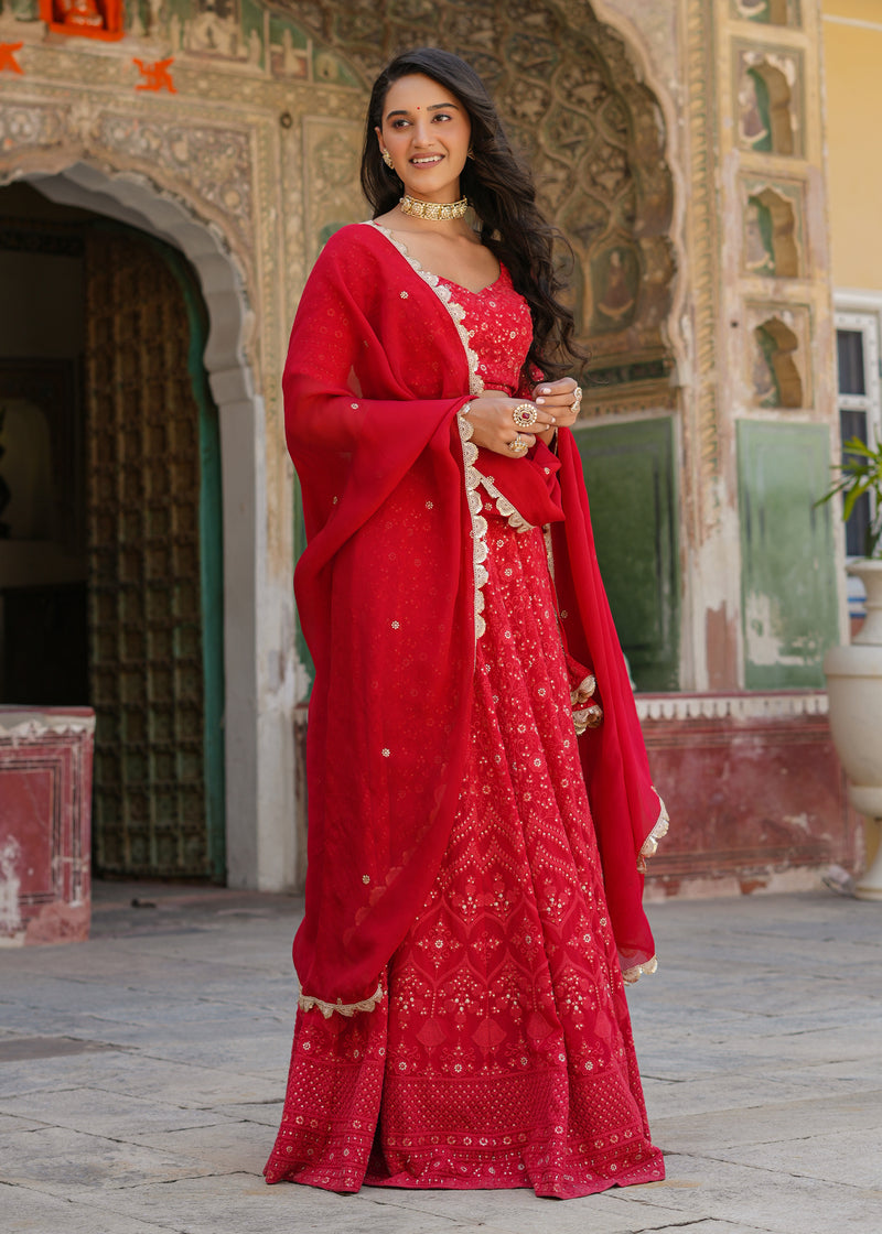 Dastoor Red Lucknowi Embroidered Lehenga set