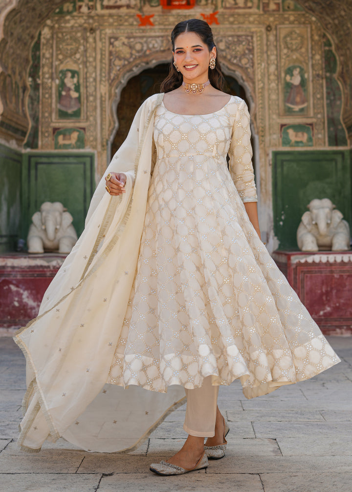 Vidhi Ivory Jacquard Anarkali Suit set with Dupatta