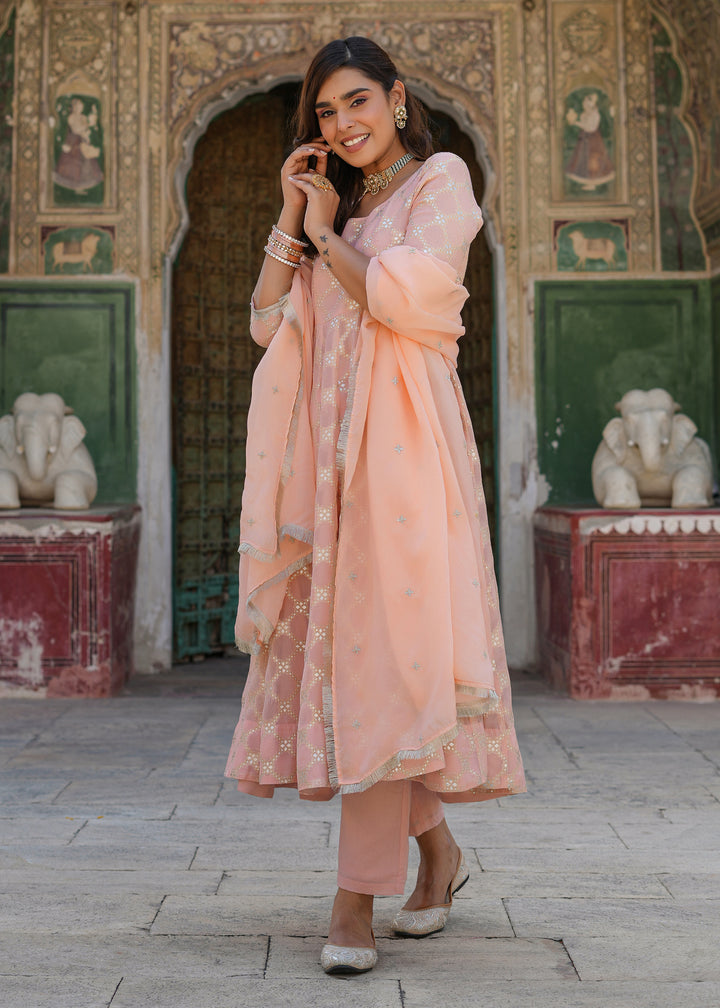 Mishti Peach Jacquard Anarkali Suit set with Dupatta