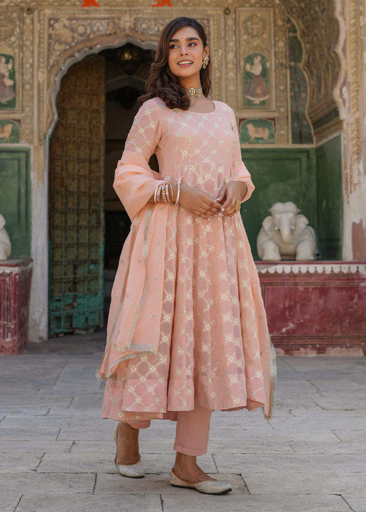 Mishti Peach Jacquard Anarkali Suit set with Dupatta