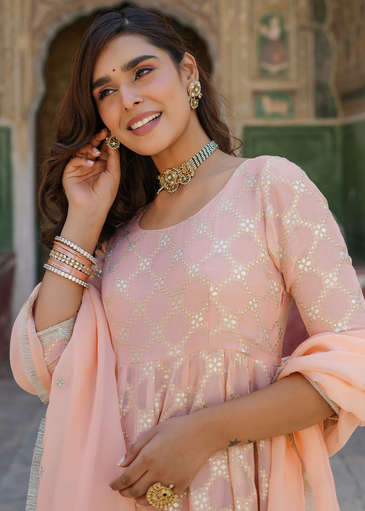 Mishti Peach Jacquard Anarkali Suit set with Dupatta