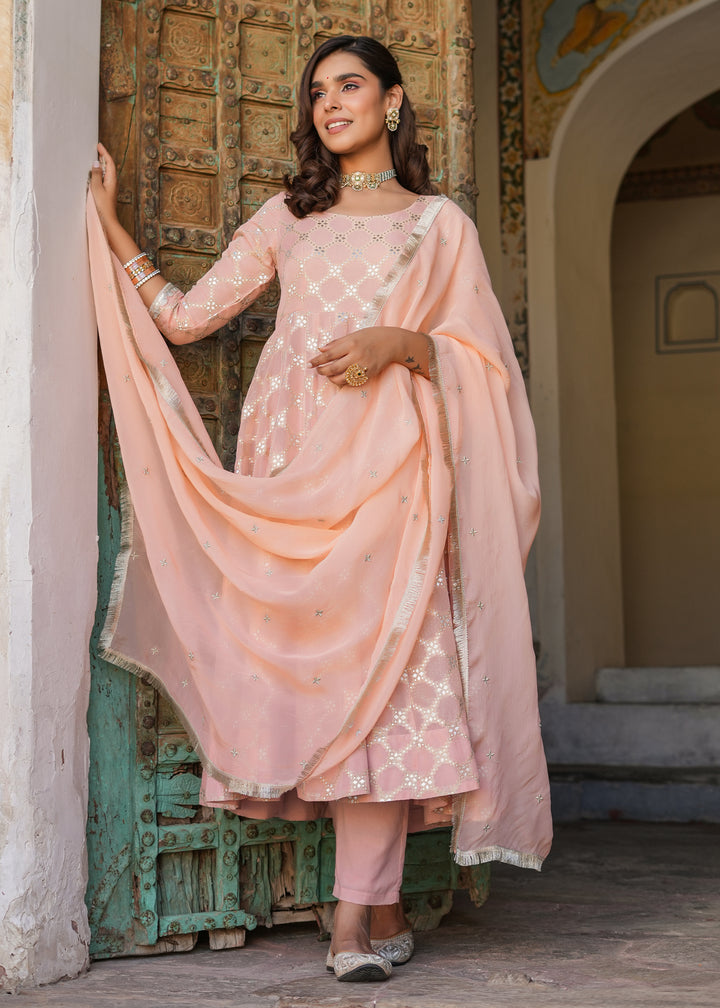 Mishti Peach Jacquard Anarkali Suit set with Dupatta