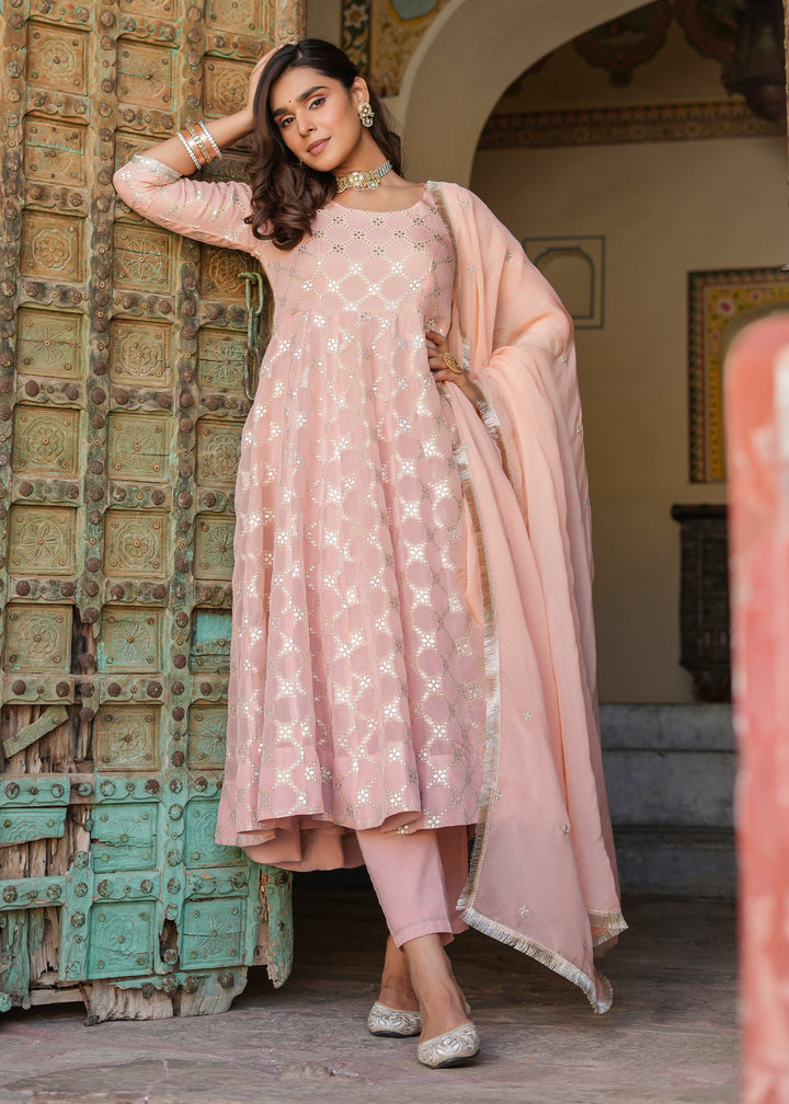 Mishti Peach Jacquard Anarkali Suit set with Dupatta