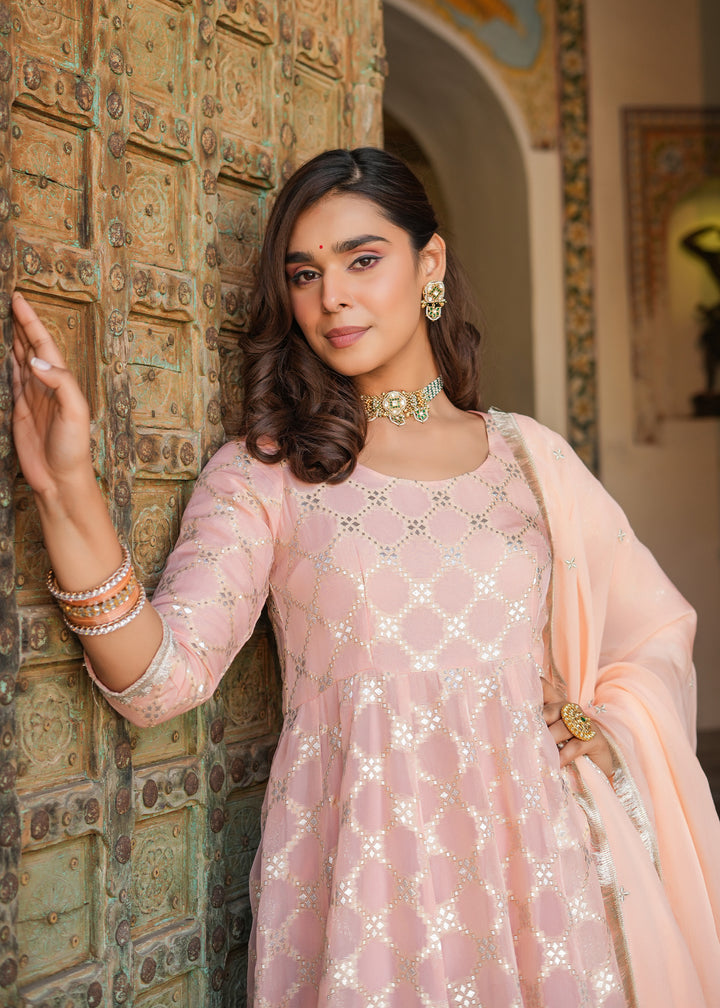 Mishti Peach Jacquard Anarkali Suit set with Dupatta