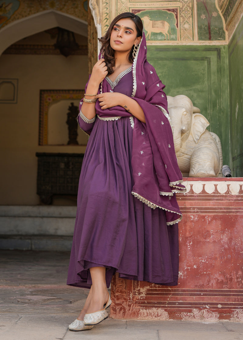Niti Purple Embroidered Alia Cut Suit set with Dupatta
