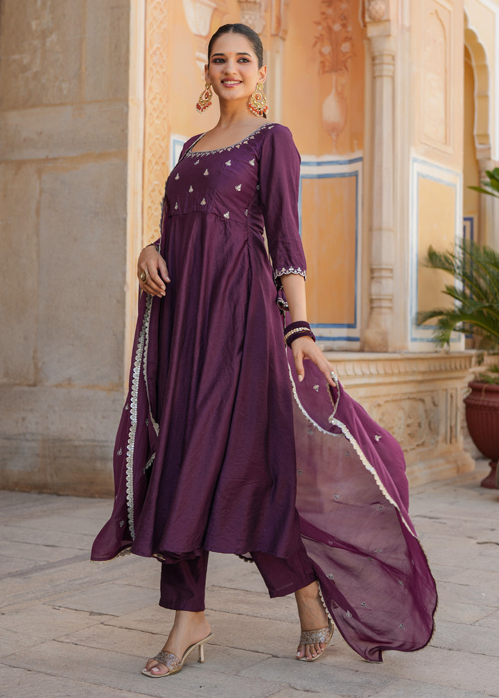 Mishka Purple Embroidered Chanderi Suit set with Dupatta