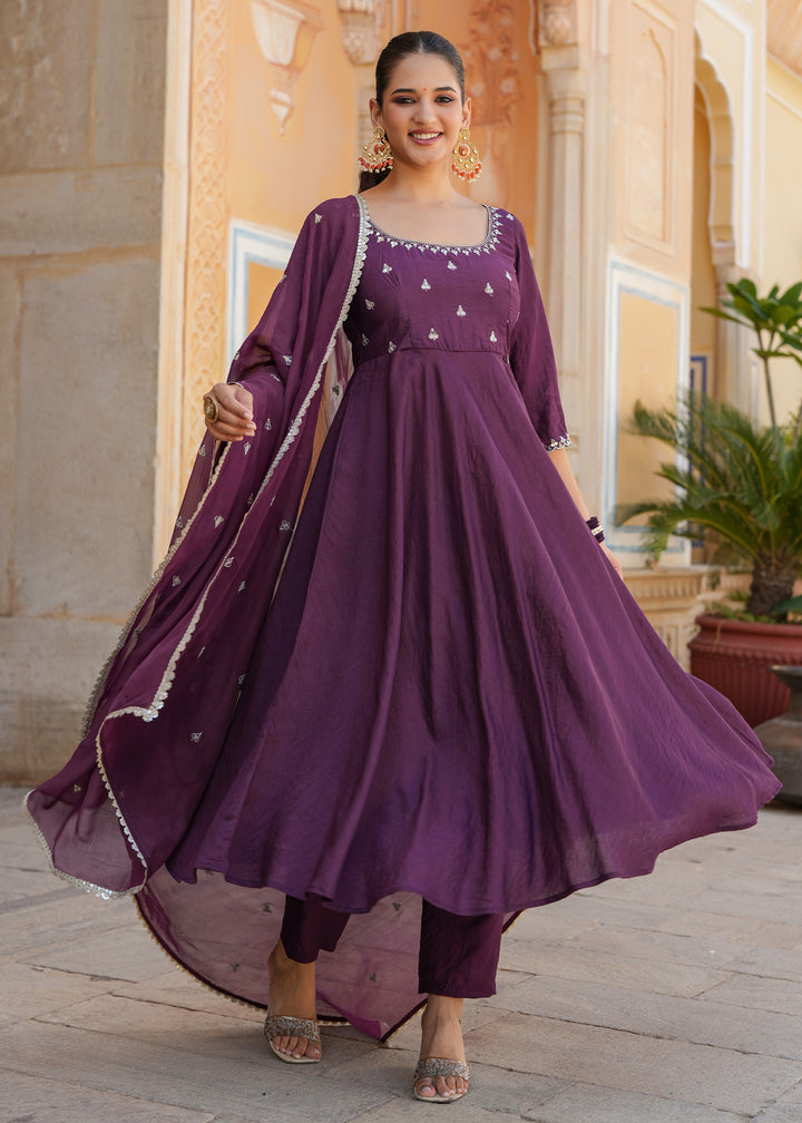 Mishka Purple Embroidered Chanderi Suit set with Dupatta