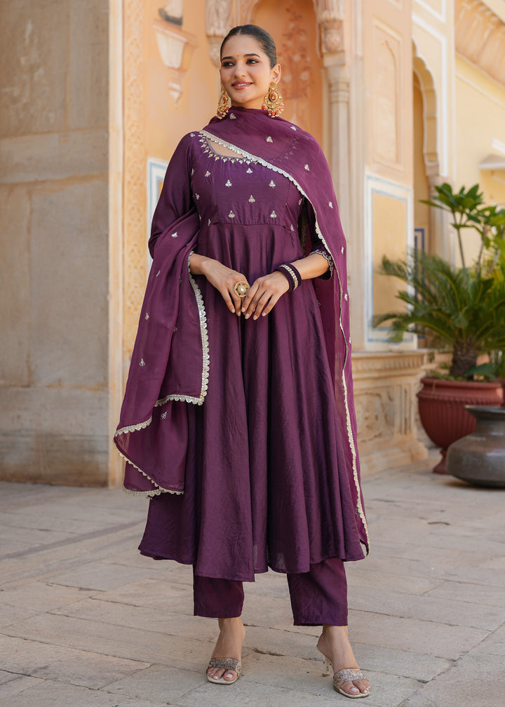 Mishka Purple Embroidered Chanderi Suit set with Dupatta