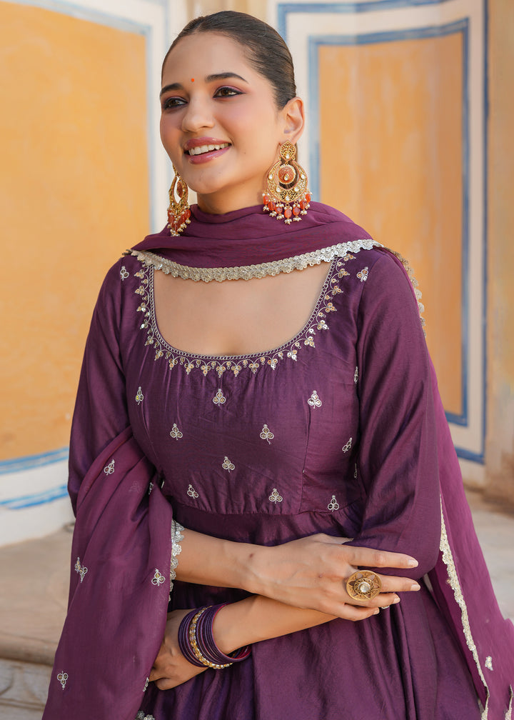 Mishka Purple Embroidered Chanderi Suit set with Dupatta