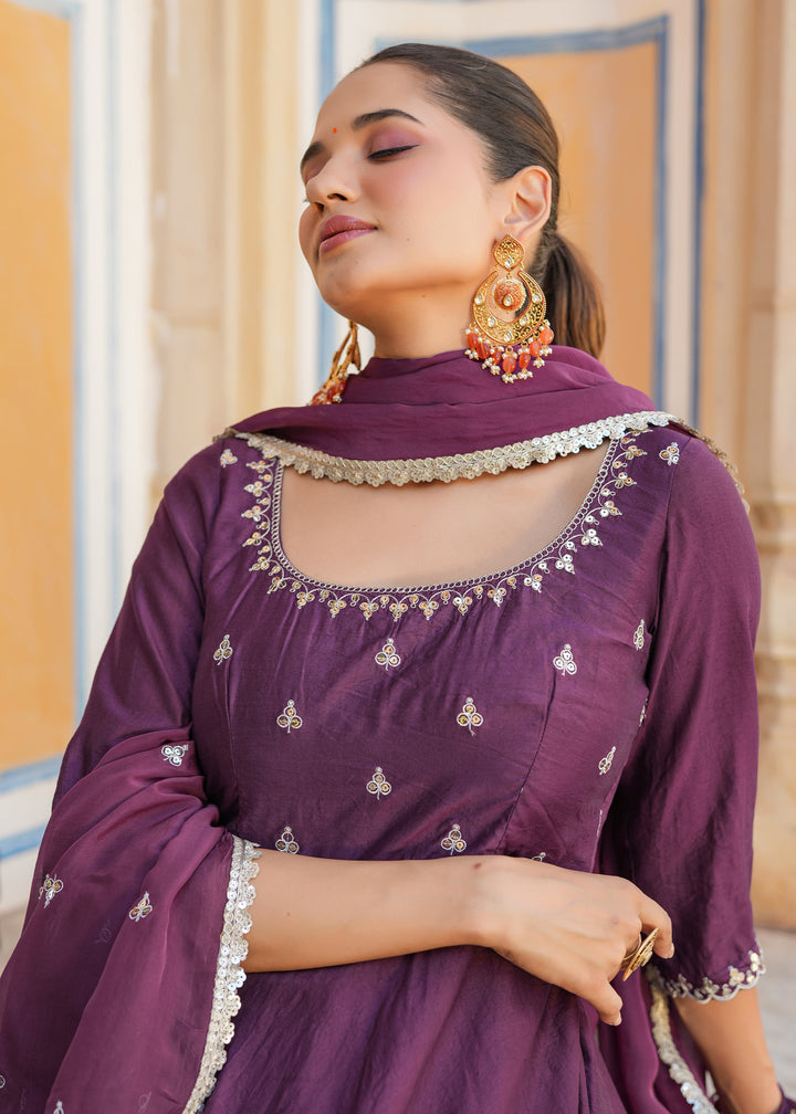 Mishka Purple Embroidered Chanderi Suit set with Dupatta