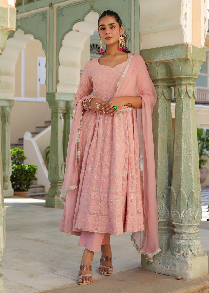 Mariyam Peach Chikankari Anarkali Suit set with Dupatta