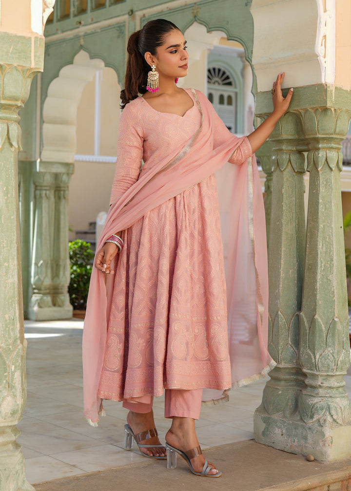 Mariyam Peach Chikankari Anarkali Suit set with Dupatta