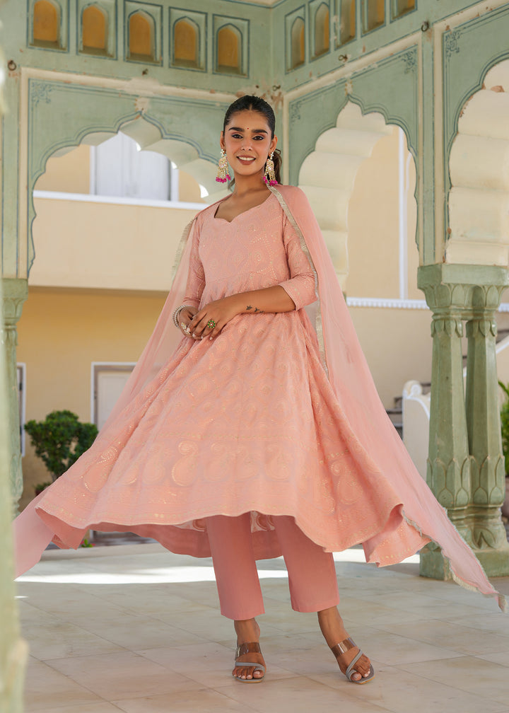 Mariyam Peach Chikankari Anarkali Suit set with Dupatta