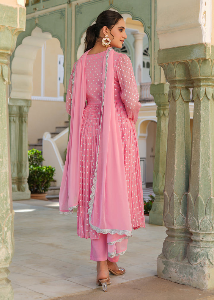 Blossom Pink Lurex Flared Kurta With Pant & Dupatta