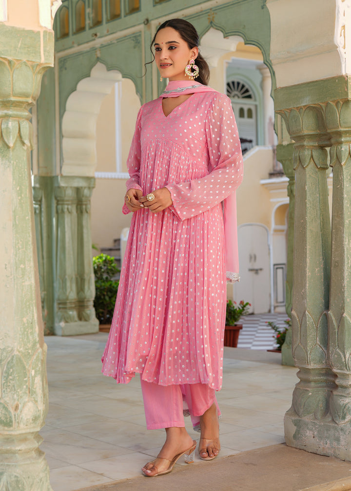 Blossom Pink Lurex Flared Kurta With Pant & Dupatta