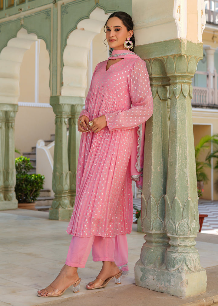 Blossom Pink Lurex Flared Kurta With Pant & Dupatta