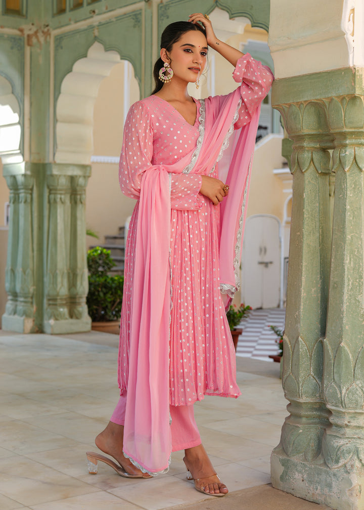 Blossom Pink Lurex Flared Kurta With Pant & Dupatta