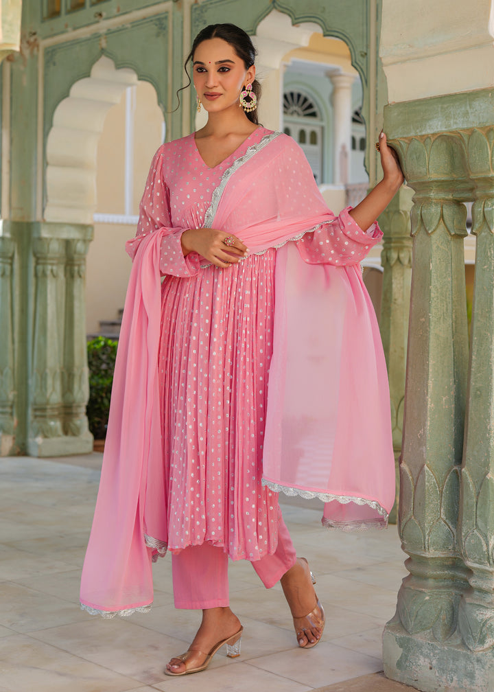 Blossom Pink Lurex Flared Kurta With Pant & Dupatta