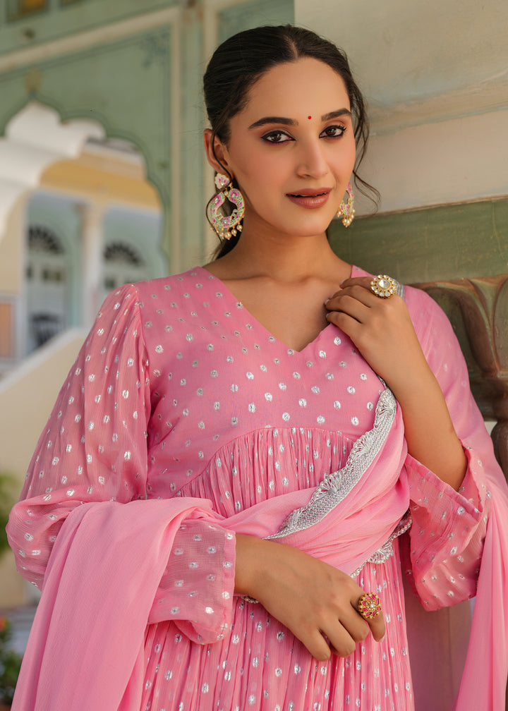 Blossom Pink Lurex Flared Kurta With Pant & Dupatta