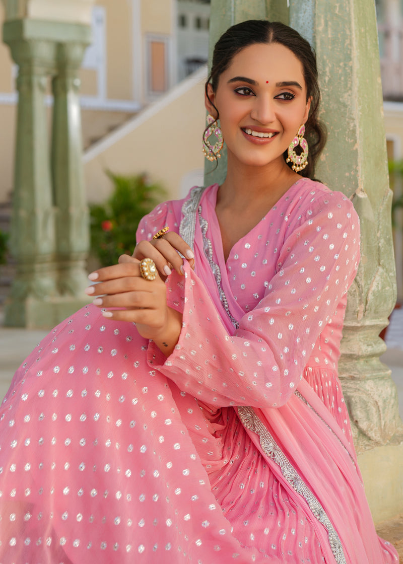 Blossom Pink Lurex Flared Kurta With Pant & Dupatta