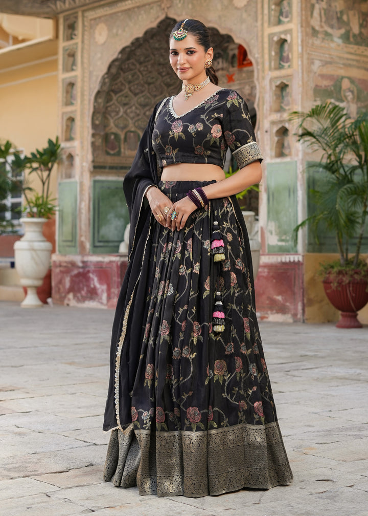 Tisya Black Floral Printed Jacquard lehenga set