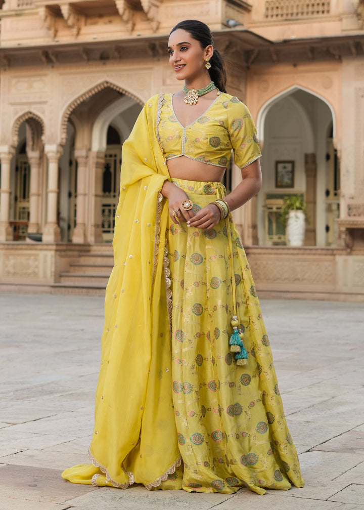 Prashi Lime green Silk Jacquard Printed Lehenga set